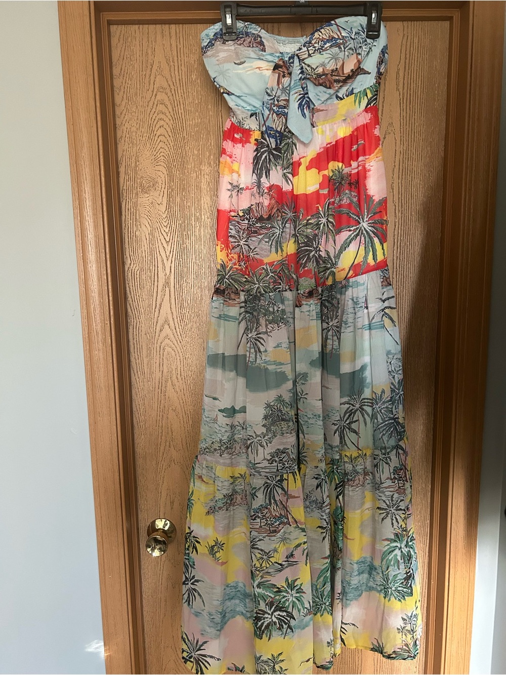 L'ATISTE Strapless Tropical Print Maxi Dress in Red, Yellow, Blue, Green